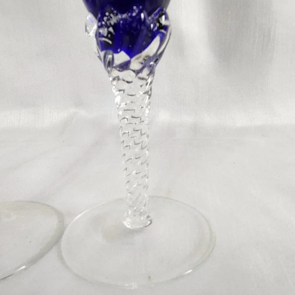 Elegant Blue Crystal Champagne Flutes With Clear Textured Stems Set Of 4 8.5
